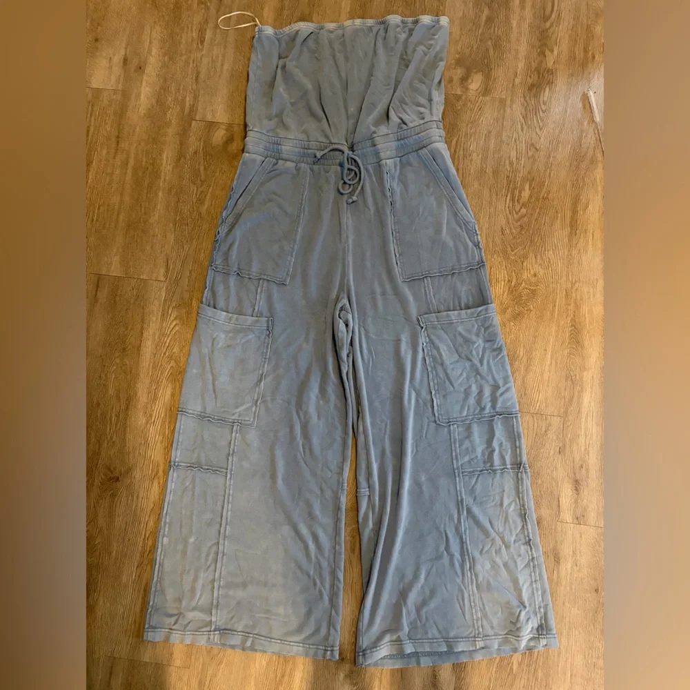 Fashion Nova Strapless Blue Drawstring Jumpsuit - Picture 5 of 5